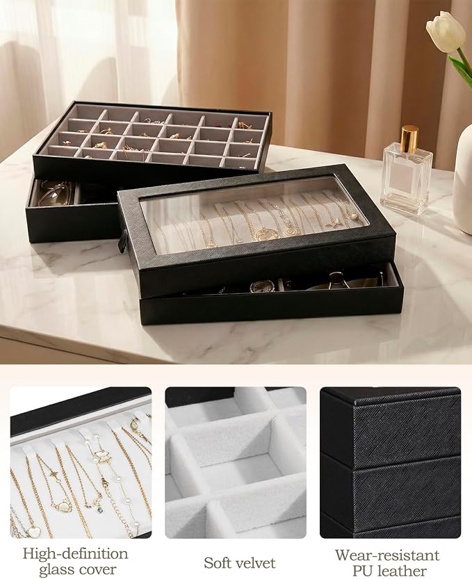 4-Layer Stackable Jewelry Organizer Trays with Tempered Glass Lid, Black PU Leather Jewelry Drawer Inserts Display Case, Large Anti-Tarnish Storage Box for Earring Necklace Ring Sunglasses