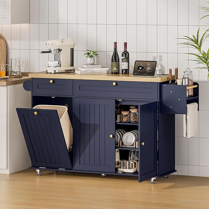ONBRILL 60" Kitchen Island with Power Outlet & Drop Leaf, Rolling Island with Spice Rack & Towel Rack, Kitchen Island Cart with Trash Storage Cabinet, Island Table for Kitchen, Blue