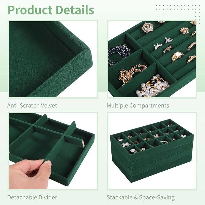 Homaisson Jewelry Organizer for Drawer, Velvet Jewelry Tray, Multiple Compartment Layout, Set of 4 Jewelry Organizer for Rings, Earrings, Bracelets, Necklaces (Green)