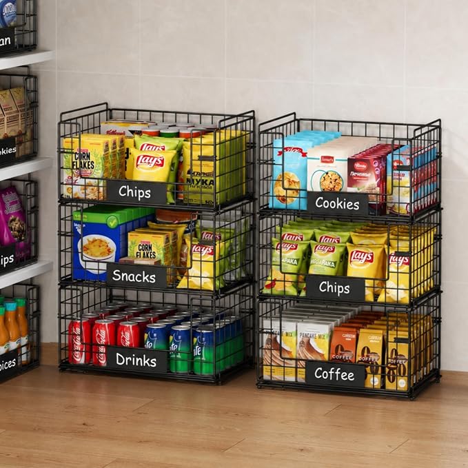 3 Pack XXL Stackable Wire Baskets with Handles & Name Plates | Pantry Organizers and Storage, Snack Organizer & Vegetable Basket & Metal Pantry Bin, Large Capacity, Durable and Sturdy