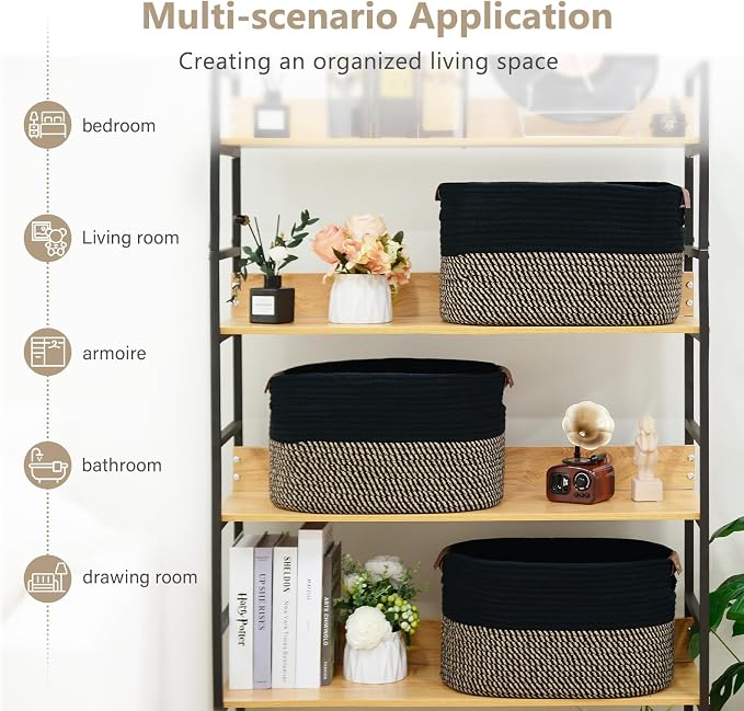 ECDYQXVU 15x10x9 Woven Cotton Rope Storage Basket, Leather Handles 2 Pack | Foldable Design, Sturdy PU Handles, Easy to Clean Organizer for Living Room, Closet, Shelves, Bedroom, Laundry, Clothes