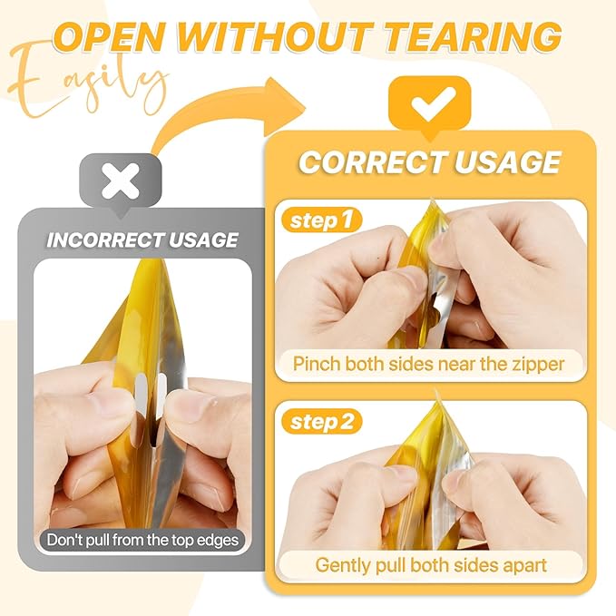 100 PCS Resealable Mylar Bags with Zipper and Frosted Clear Window Smell Proof Packaging Bags Foil Pouch Zipper Bag for Food Self Sealing Storage Supplies (Golden, 5.12x8.27)