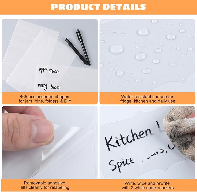 465Pcs Waterproof Chalkboard Labels for Jars & Containers, 2 Markers | Reusable Wipe-Clean Surface, Sticks To Glass/Plastic/Metal, For Pantry Bins, Jars, Bottles And Folders