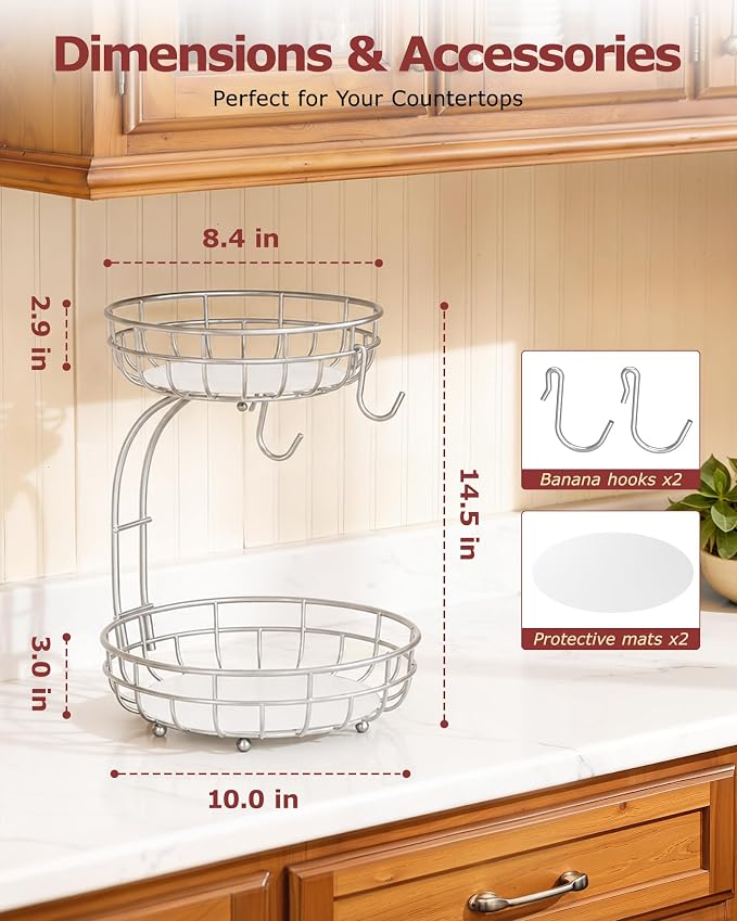 Sevenblue 2 Tier Modern Fruit Basket for Kitchen Counter, Silvery | Space-Saving Vertical Storage for Veggies, Bread, Snacks, Fits Under Cabinets, includes 2 banana hooks and protective mats