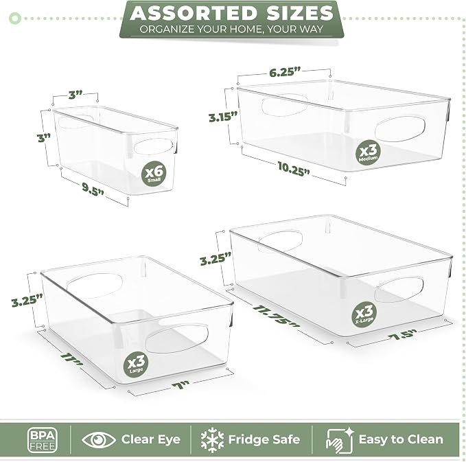 Sorbus Variety 15-Pack Clear Plastic Organizing Bins – Clear Bins for Organizing, Refrigerator Organizers, Fridge Organizer, Pantry Storage, Kitchen Organizer, and Pantry Organizers and Storage Bins