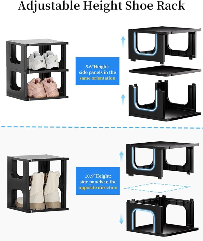 Stackable Small Shoe Rack for Closet 10 Tier - Remove Shelf for Boots | Easy tool-free assembly, sturdy stable structure, for small spaces, slim adjustable shoe rack saves space, modular design