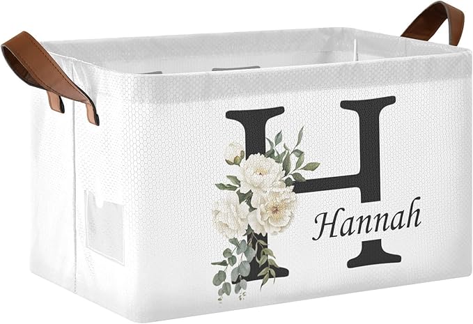 Personalized Storage Basket with Handles&Clear Labels Folding Laundry Basket Custom Name Basket Collapsible Cubes Organizer Bins for Home Wedding Gifts Kids Room Shelf Closet, Watercolor Floral