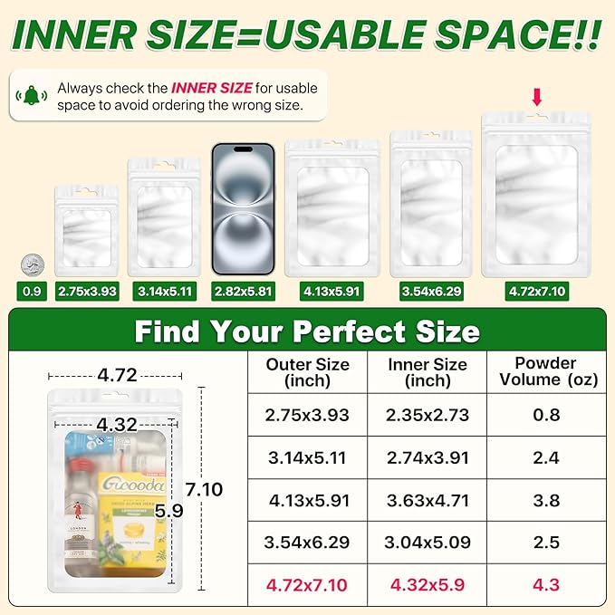 ANZNKU 100 PCS Resealable Mylar Bags with Frosted Clear Window Packaging Bags Foil Pouch Zipper Bag for Food Self Sealing Storage Supplies (4.72x7.1, White)