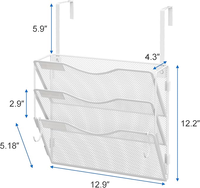 BOHDK Wall File Organizer, Hanging File Folder Organizer, Vertical Mesh Metal Door/Wall Mount Hanging File Holder. Paper Document Magazine Rack with Hooks for Home Office Black (3 Pockets White)