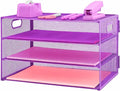 3 Tier Lettrer Tray Organizer, Metal Mesh Desk File Organizer with Sliding Trays, Paper Sorter Desk Organizer for Home Office School, Purple