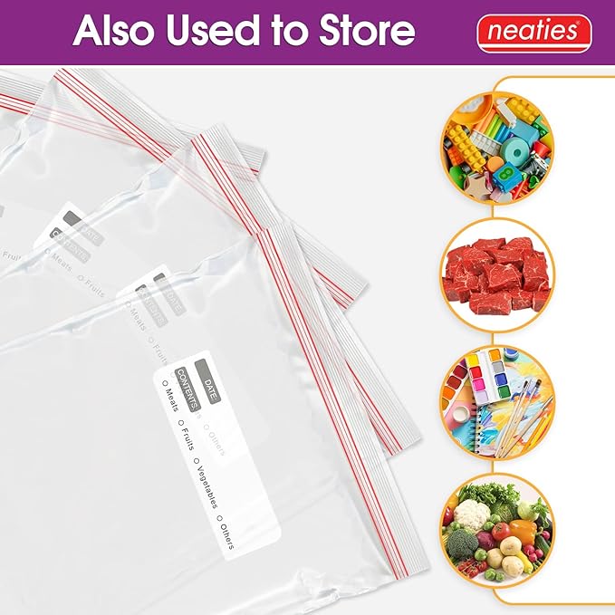 Neaties 2 Gallon Resealable Bags – XL Heavy Duty Freezer Bags with Dual Zipper – 13x16" Extra Large with Writable Space for Kitchen or Home Storage – BPA-Free Food Grade Plastic – 100 Pack