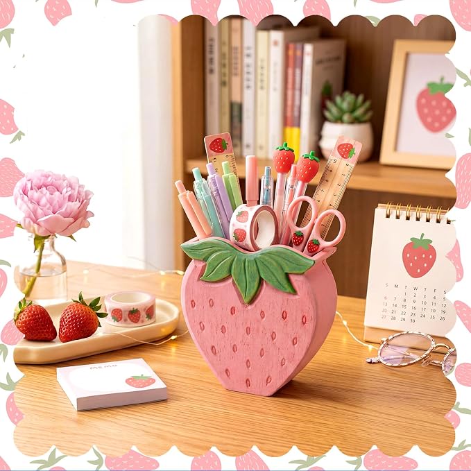 Mifoci Strawberry Pencil Holder Cute Pen Holder for Desk Organizer Wooden Pencil Cup Pink Berry Aesthetic Makeup Brush Storage, Back to School and End of Year Gift