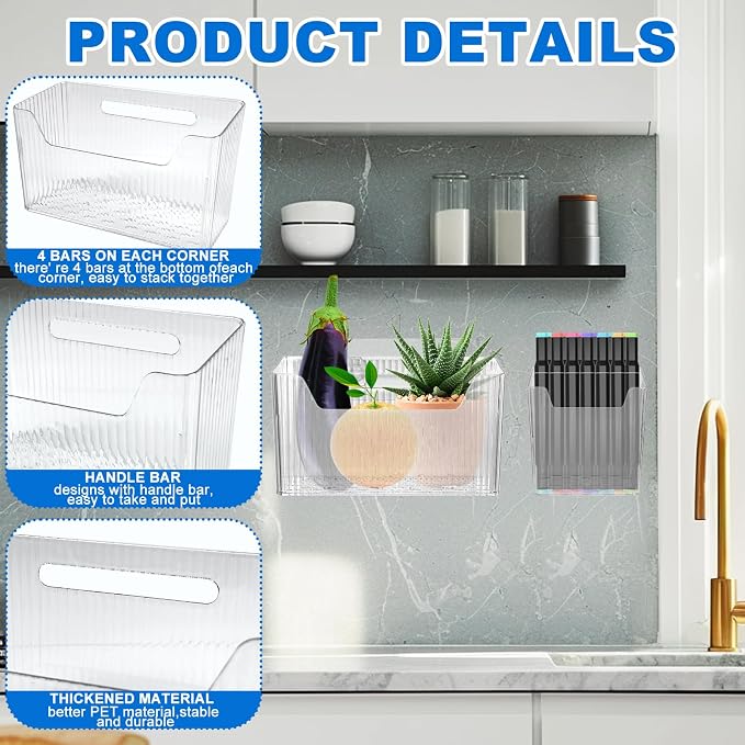 8 Pcs Storage Organizer Bins - Wall Mounted Basket in 2 Sizes, Clear Cabinet Door Stackable Adhesive Hanging Bin for Bathroom, Kitchen, Pantry