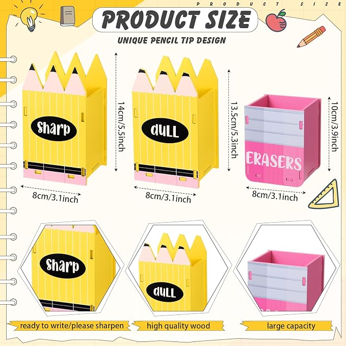 DoubleFill 3 Pcs Sharp and Dull Pencil Holder Eraser Buckets Wooden Shaped Dispenser for Back to School Teachers Classroom Management (Sharpened Pencil)