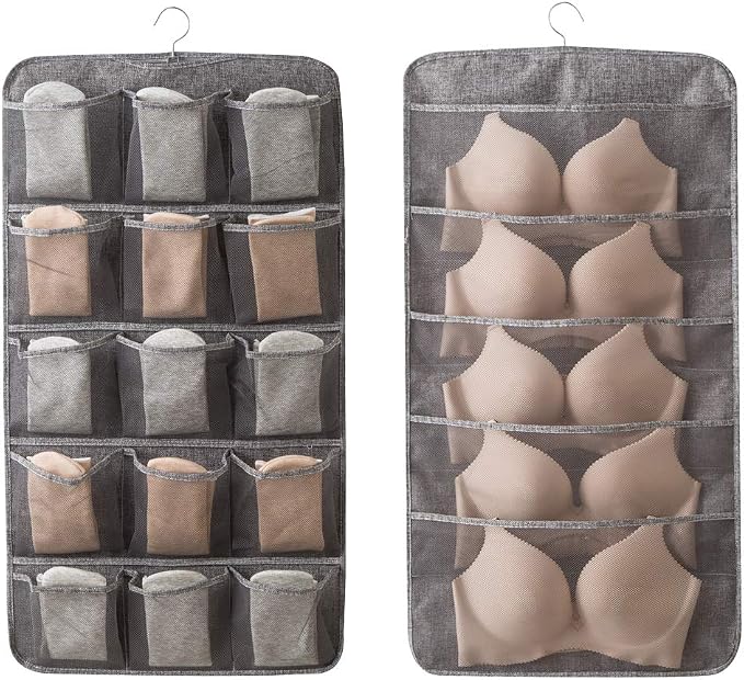 Bseash Enlarged Closet Hanging Bra Organizer with Rotating Metal Hanger, Dual Sided Wall Shelf Wardrobe Mesh Pockets Hanging Storage Bag for Bra Socks Underwear Underpants