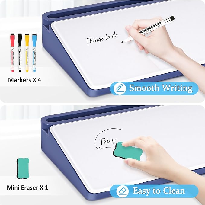 DOLLAR BOSS Glass Desk Whiteboard Small Dry Erase Board Desktop White Board with Storage Drawer Computer Keyboard Stand Desk Organizer Office Accessories School Supplies with 4 Markers 1 Eraser, Blue