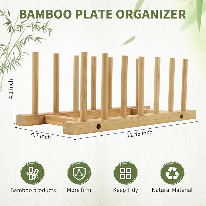 DEBETOOL 2 Pack Wooden Dish Rack Holder - Bamboo Plate Organizer for Cabinet Dishes Pots Lid & Cutting Boards, Kitchen Cabinet Space Saving Storage Solution
