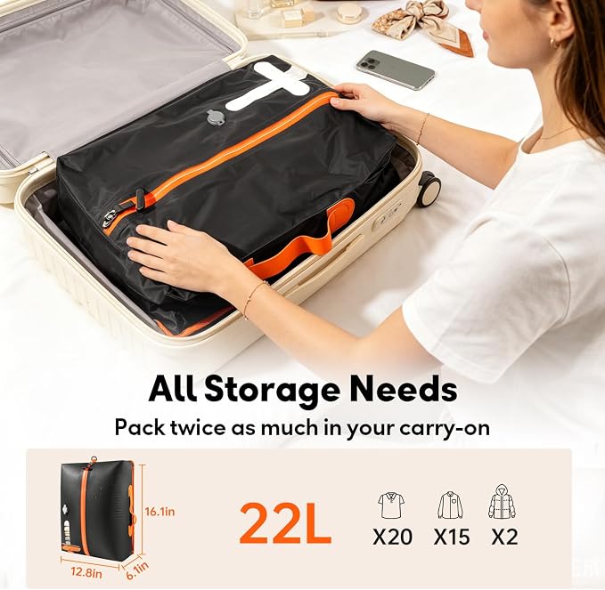 Travel Vacuum Bags with Shoulder Strap – IP67 Waterproof Vacuum Seal Reusable 22L Carry-On Compression Bags for Clothes, Suitcase & Luggage(1-Pack,Black)