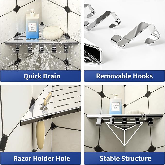10‘’ Corner Shower Shelf | 304 Stainless Steel Shelves for Bathroom, Grout in Shelf with Hooks for Tiled Wall (Polished)