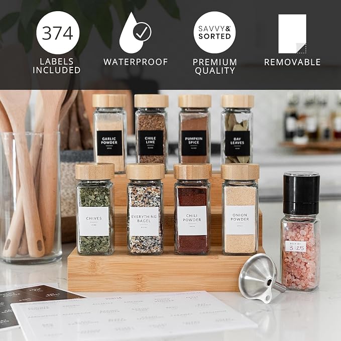 Square Spice Jar Labels Stickers, 374 Preprinted Waterproof Spice Labels for Glass Jars Bottles, Herbs Seasonings Label Only, Kitchen Pantry Organization