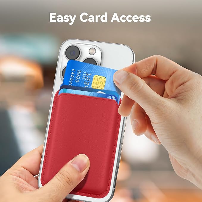 Magnetic Wallet Cell Phone Card Holder for Phone Case with Mag-Safe, Stronger Magnetic RFID Leather Phone Wallet Stick on Series of iPhone 17/16/15/14/13/12 and Pro/Promax,Red