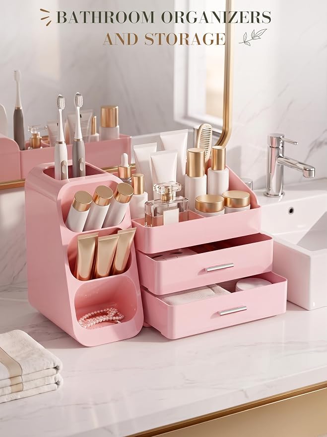 Makeup Organizer with Drawers,Large Capacity Countertop Organizer for Vanity,Bathroom and Bedroom Desk Cosmetics Organizers,Easy To Storage Skincare,Brushes,Lotions (All Pink)