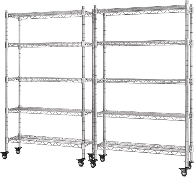 5 Tier Wire Shelving 2 Pack | 33”W Storage Shelves with Wheels | 1500 LBS Metal Shelving | Garage Shelving Units and Storage | Wire Rack Adjustable Layer Height | Electroplated Silver | 33”W×13”D×73”H
