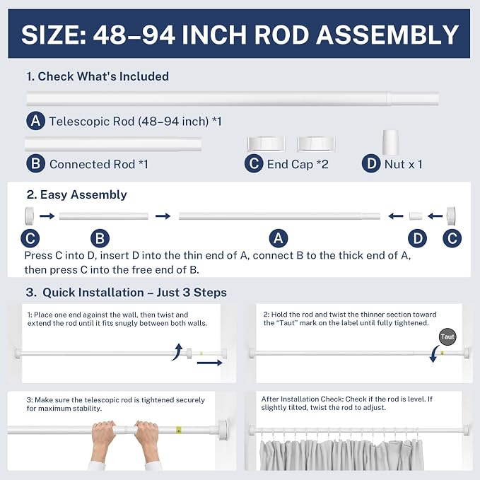 Heavy Duty Tension Shower Curtain Rod 48-94 Inch White | Rustproof Steel, Drill-Free Mount, Adjustable Rods for Bathroom Sliding Door Patio Living Room, Non-Slip No-Tools Install
