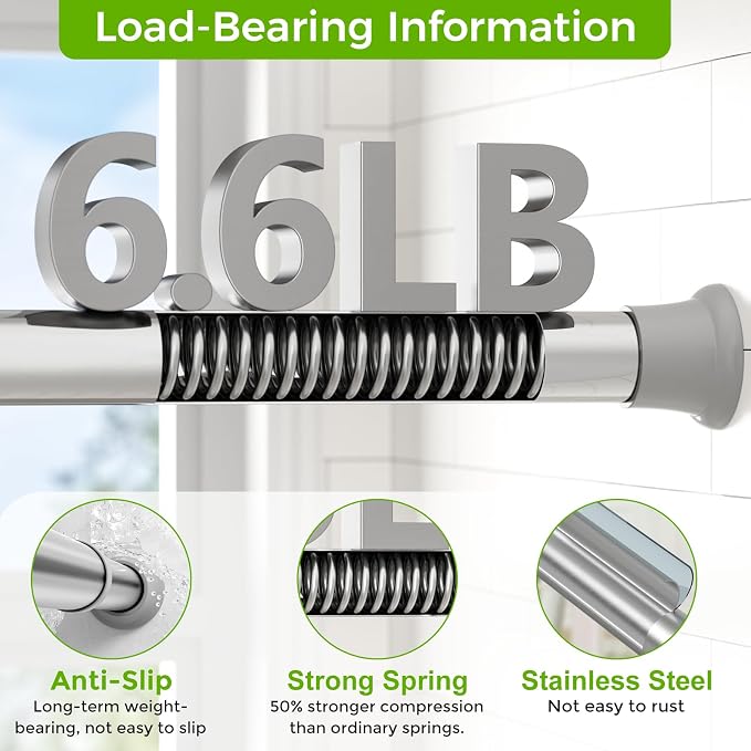 Silver Shower Curtain Rod 32 to 76 Inches Adjustable, 7/8 Inch Diameter Heavy Duty Tension Curtain Rods No Drill, Rust-Resistant Tension Rod for Bathroom, 1 Pack