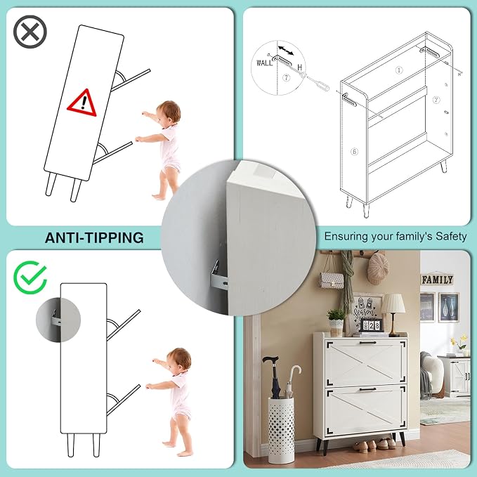 Barnyatoh Shoe Storage Cabinet,Farmhouse Shoe Organizer with 2 Flip Drawers & Barn Door Design,Freestanding Hidden Slim Narrow Shoe Rack Cabinet for Entryway,Foyer,Hallway,Antique White