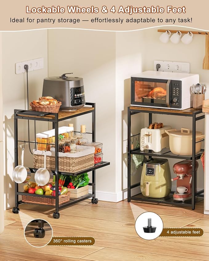 Feyejade 3-Tier Rolling Kitchen Cart with Storage, Compact Metal Island | Compact size for pantry storage, adjustable shelf utility cart, pull out drawer, microwave stand table top open shelving