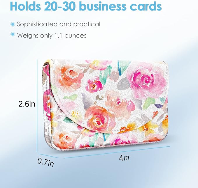 Business Card Holder，PU Leather Business Card Case Color Printing Pattern Card Holder Wallet，Pockets Magnetic Credit Card Holders for Men and Women，Watercolor Flowers