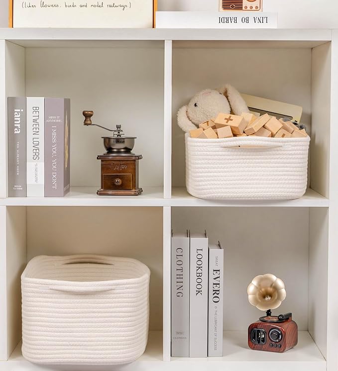 CubesLand Cute and Durable Small Cotton Rope Basket for Organizing | Woven Closet Storage Bin,Shelves Closet Storage Basket, Bathroom Storage Organizer Bin, Nursery Toy Basket Bin, White Basket
