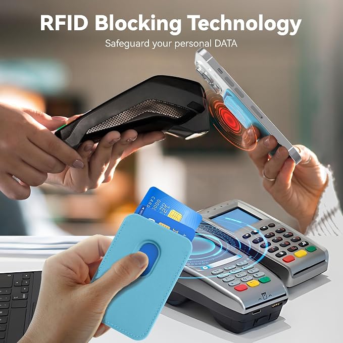 Magnetic Wallet Cell Phone Card Holder for Phone Case with Mag-Safe, Stronger Magnetic RFID Leather Phone Wallet Stick on Series of iPhone 17/16/15/14/13/12 and Pro/Promax, Light Blue
