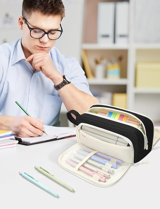 SUNEE Cute Pencil Case, Aesthetic Pen Pouch with 3 Compartments, Kawaii Colored Large Pencil Bag with Zipper, Stationery Storage and Organizer, Black School Supplies for Teen and Adult Girls