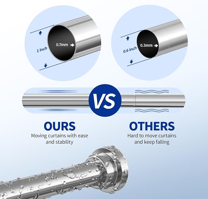 Mcrbeay Shower Curtain Rod, 1" Diameter Heavy Duty Tension Shower Rod, Non Slip Adjustable 28-102 inch No Drilling Shower Curtain Rods Spring Tension For Bathroom, Shower Stall, No Rust, Silver