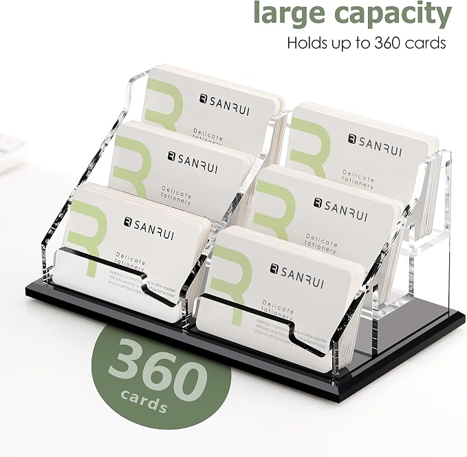 SANRUI Acrylic Business Card Holder, Black Business Cards Display Stand for Desk, Clear Horizontal 6 Slot Desktop Organizer , 360 Card Capacity
