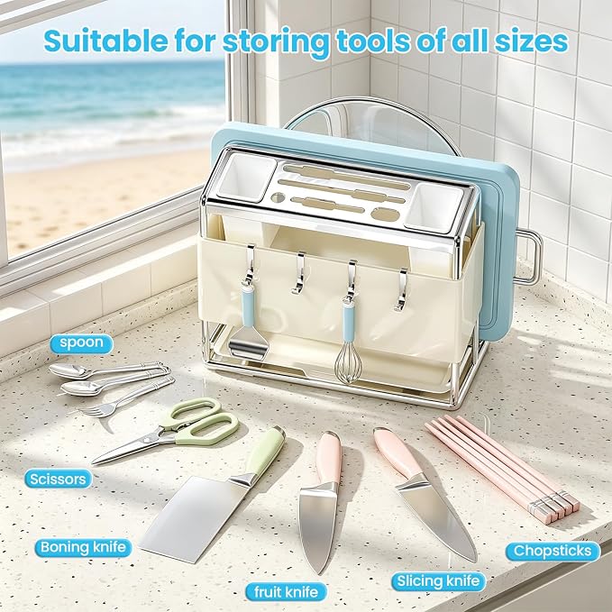 Multifunctional Cutting Board Organizer Large Capacity Knife Holder | Knife Drying Rack Kitchen Countertop Pot Lids Organizer, Knife Block Holder with Drain Tray Utensil Holders Storage Stand