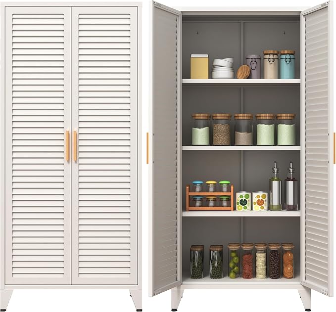 White Metal Storage Cabinet with Doors and 3 Adjustable Shelves 61"Tall Multifunctional Steel Heavy-duty Storage Locker for Kitchen Living Room Bedroom Home Office School 61"H X 27.6"W X 13.8"D