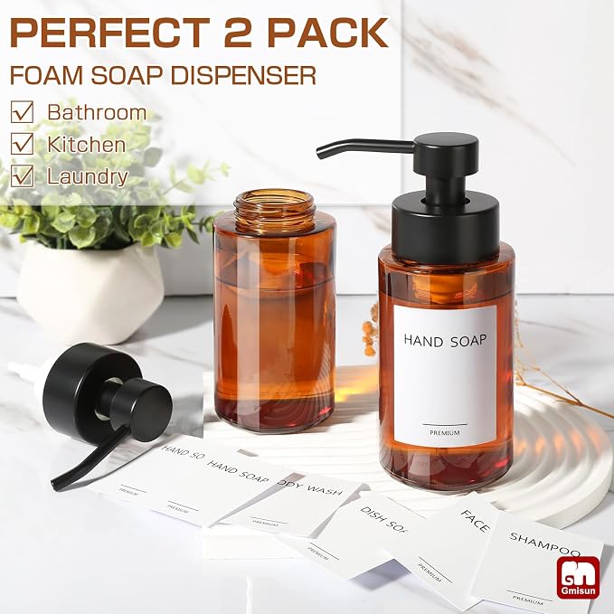 GMISUN Glass Foaming Soap Dispenser, 10 Fl oz / 300ml Amber Glass Soap Dispenser for Bathroom & Kitchen, 2 Pack Modern Refillable Foam Hand Soap Dispensers, Bathroom Hand Soap Dispensers with Labels