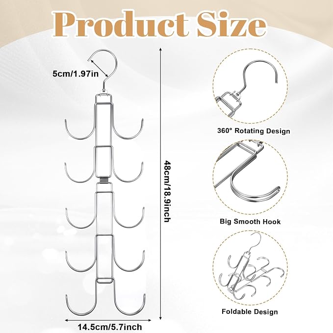 4 Pack Purse Organizer for Closet, Purse Hanger with 10 Big Hooks, 360 Degree Rotation Bag Holder for Organizer&Display, Foldable Space Saving Hangers Rack for Handbag, Belt, Scarf, Tie
