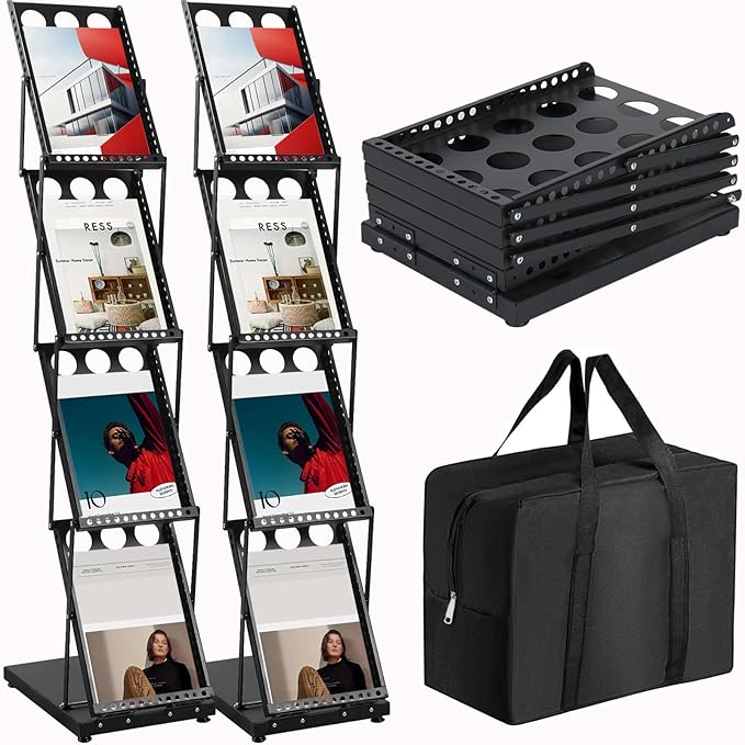 Foldable Brochure Display Stand with Carrying Bag, Literature Stand, 2 Pack | Literature Rack for Trade Shows, Exhibitions, Office, and Retail Stores. Metal, Portable, and Easy to Assemble, Black Finish