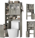 ELYKEN Over The Toilet Storage Cabinet with Pulley Bathroom Storage Cabinet, Home Space-Saving Over Toilet Rack with Glass Doors & Adjustable Open Shelf for Bathroom, Restroom, Laundry, Grey