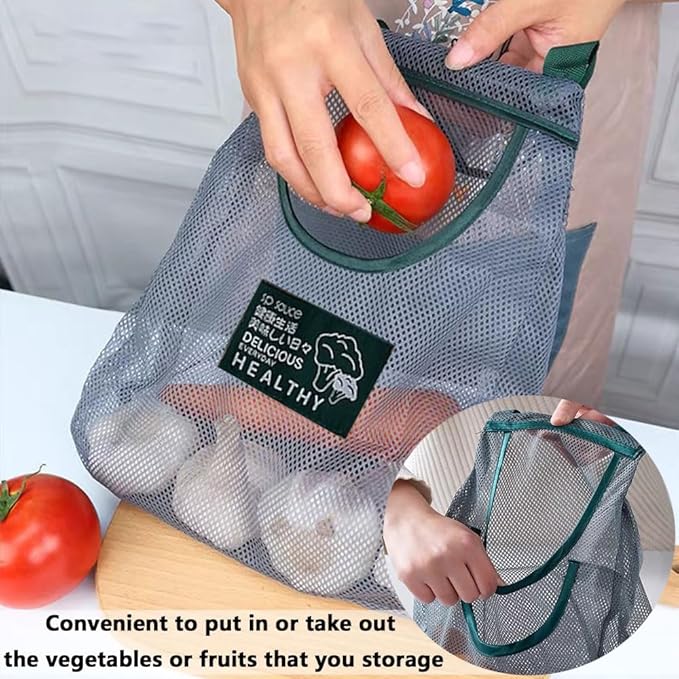 2 Pack Hanging Mesh Storage Bags (Single + Dual Pocket) Reusable Hanging Mesh Storage Produce Bags for Kitchen Storage Fruits, Onion, Garlic & Vegetables, Breathable Shopping Handbag