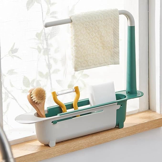Telescopic Sink Storage Rack, Retractable Sink Drainer with Bracket and Crossbar Telescopic Kitchen Over Sink Organizer with Towel Hanger for Kitchen (Green)