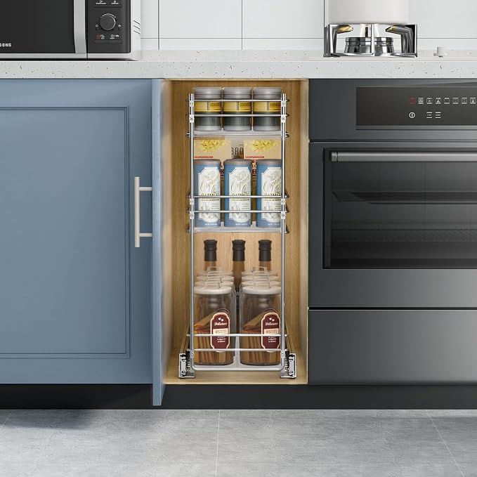 ROOMTEC Pull Out Spice Rack for Narrow Cabinet (7" W X 20½" D),3 Tier Heavy Duty Sliding Spice Cabinet Organization Shelf Racks, Pull Out Shelves Under Cabinet Storage for Kitchen