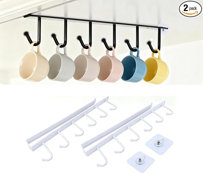 2Pcs White Mug Hanger, Under Cabinet Cup Holder Hanging Mug Organizer for Cabinet Nail Free Under Adhesive Coffee Cups Mug Holder Hanger for Cups/Kitchen Utensils/Ties Belts/Scarf/Keys Storage