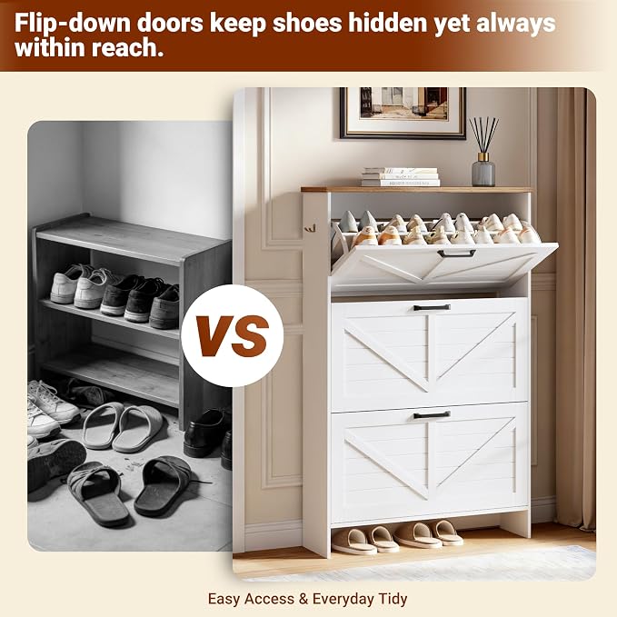 Shoe Cabinet for Entryway, 3 Flip Drawers Shoe Storage Cabinet with 3-Tier Adjustable Shelves, Ultra Slim 9.1" Depth Holds Up to 30 Pairs, Freestanding Hidden Shoe Organizer with Barn Door Design