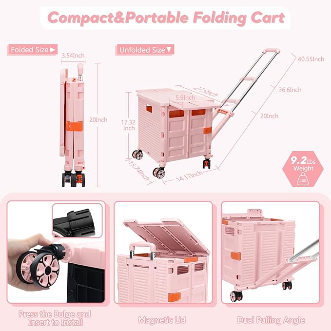 SELORSS Foldable Utility Cart Rolling Crate Handcart Shopping Cart with Rotate Wheels Extended Magnetic Lid Telescoping Handle Adjustable Angle for Transports Groceries Office Teacher File(Pink)