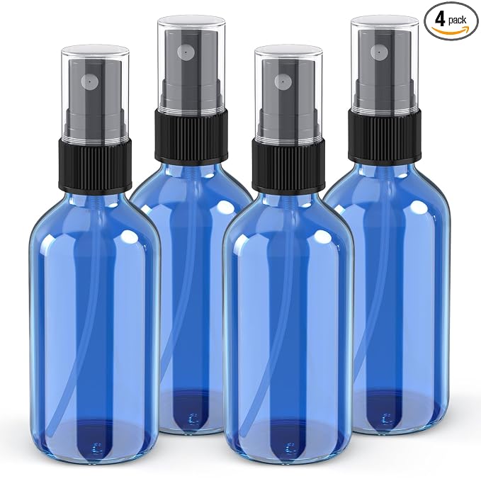 Wedama 4 oz Mini Glass Spray Bottles, Empty Small Spray Bottles with Funnel Dropper, Fine Mist for Hair, Travel, Plants, Cleaning Solutions and Skin Care (4 Pack Sky Blue)